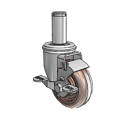 Roulette pivotante de la série 2 avec tige à anneau de préhension en zinc, équipée d'une roue thermoplastique marron de 3,5 x 1,25 et d'un frein à verrouillage par le haut