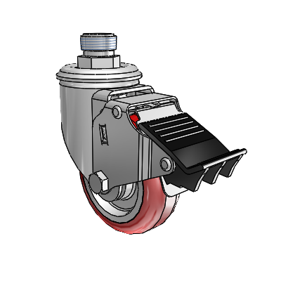 2 Series Pipe Thread Stem Zinc Swivel Caster with 3.5 x 1.25 Maroon on Grey Polyurethane HI-TECH Wheel and Total Lock Brake
