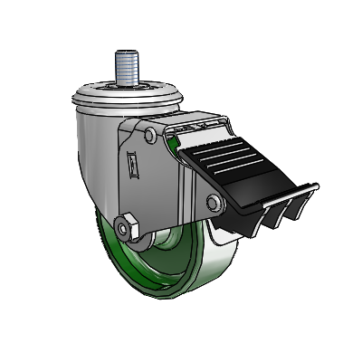 2 Series Threaded Stem Zinc Swivel Caster with 3.5 x 1.25 Green Cast Iron Wheel and Total Lock Brake