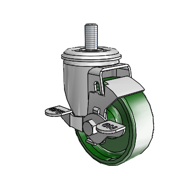 2 Series Threaded Stem Zinc Swivel Caster with 3.5 x 1.25 Green Cast Iron Wheel and Top Lock Brake