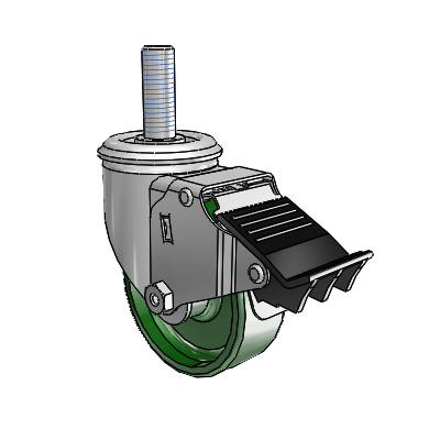 2 Series Threaded Stem Zinc Swivel Caster with 3.5 x 1.25 Green Cast Iron Wheel and Total Lock Brake