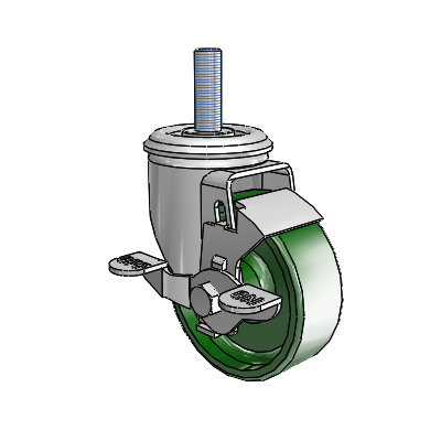 2 Series Threaded Stem Zinc Swivel Caster with 3.5 x 1.25 Green Cast Iron Wheel and Top Lock Brake