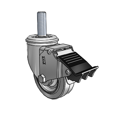 2 Series Threaded Stem Zinc Swivel Caster with 3.5 x 1.25 Grey on Grey Performa Rubber (Flat) Wheel and Total Lock Brake