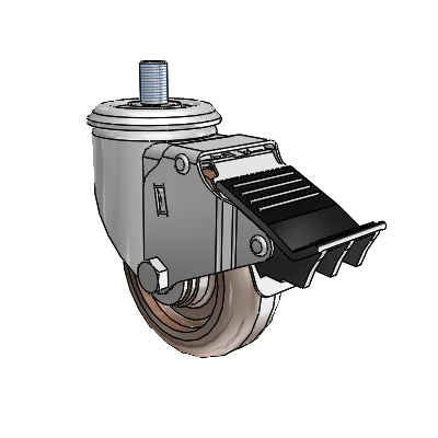 2 Series Threaded Stem Zinc Swivel Caster with 3.5 x 1.25 Brown Thermo Wheel and Total Lock Brake
