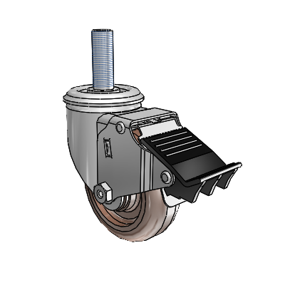 2 Series Threaded Stem Zinc Swivel Caster with 3.5 x 1.25 Brown Thermo Wheel and Total Lock Brake