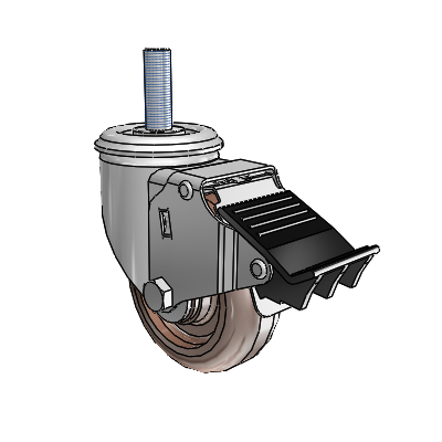 2 Series Threaded Stem Zinc Swivel Caster with 3.5 x 1.25 Brown Thermo Wheel and Total Lock Brake
