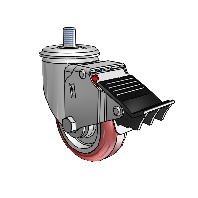 2 Series Threaded Stem Zinc Swivel Caster with 3.5 x 1.25 Maroon on Grey Polyurethane HI-TECH Wheel and Total Lock Brake