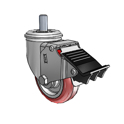 2 Series Threaded Stem Zinc Swivel Caster with 3.5 x 1.25 Maroon on Grey Polyurethane HI-TECH Wheel and Total Lock Brake