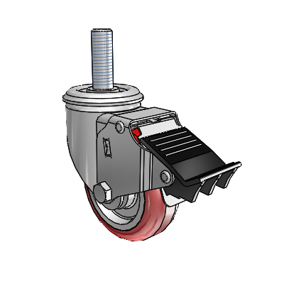 2 Series Threaded Stem Zinc Swivel Caster with 3.5 x 1.25 Maroon on Grey Polyurethane HI-TECH Wheel and Total Lock Brake
