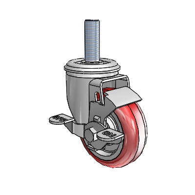 2 Series Threaded Stem Zinc Swivel Caster with 3.5 x 1.25 Maroon on Grey Polyurethane HI-TECH Wheel and Top Lock Brake