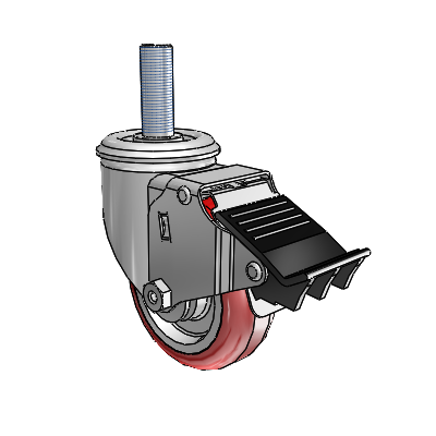 2 Series Threaded Stem Zinc Swivel Caster with 3.5 x 1.25 Maroon on Grey Polyurethane HI-TECH Wheel and Total Lock Brake