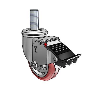 2 Series Threaded Stem Zinc Swivel Caster with 3.5 x 1.25 Maroon on Grey Polyurethane HI-TECH Wheel and Total Lock Brake