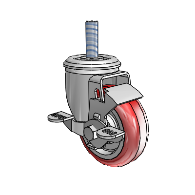 2 Series Threaded Stem Zinc Swivel Caster with 3.5 x 1.25 Maroon on Grey Polyurethane HI-TECH Wheel and Top Lock Brake