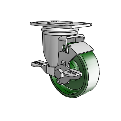 2 Series Casters Top Plate Swivel Zinc with 3.5 x 1.25 Green Cast Iron Wheel and Top Lock Brake