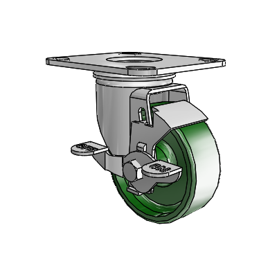 2 Series Casters Top Plate Swivel Zinc with 3.5 x 1.25 Green Cast Iron Wheel and Top Lock Brake