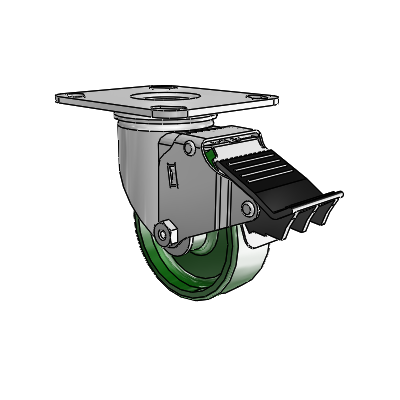 2 Series Casters Top Plate Swivel Zinc with 3.5 x 1.25 Green Cast Iron Wheel and Total Lock Brake