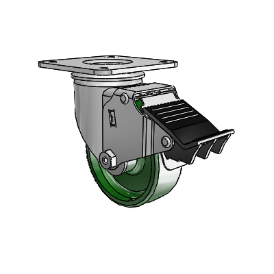 2 Series Casters Top Plate Swivel Zinc with 3.5 x 1.25 Green Cast Iron Wheel and Total Lock Brake
