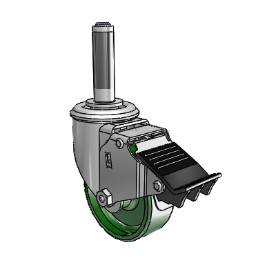2 Series Expanding Adapter Stem Zinc Swivel Caster with 3.5 x 1.25 Green Cast Iron Wheel and Total Lock Brake