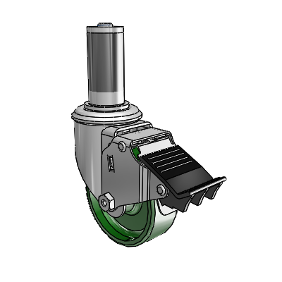 2 Series Expanding Adapter Stem Zinc Swivel Caster with 3.5 x 1.25 Green Cast Iron Wheel and Total Lock Brake