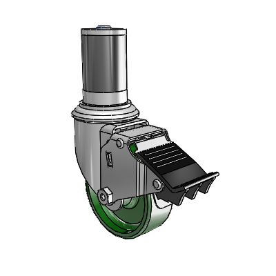 2 Series Expanding Adapter Stem Zinc Swivel Caster with 3.5 x 1.25 Green Cast Iron Wheel and Total Lock Brake