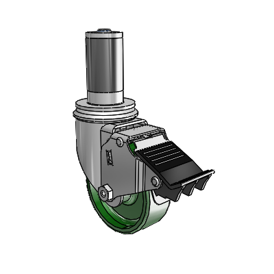 2 Series Expanding Adapter Stem Zinc Swivel Caster with 3.5 x 1.25 Green Cast Iron Wheel and Total Lock Brake