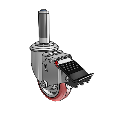 2 Series Expanding Adapter Stem Zinc Swivel Caster with 3.5 x 1.25 Maroon on Grey Polyurethane HI-TECH Wheel Total Lock (BRK5)