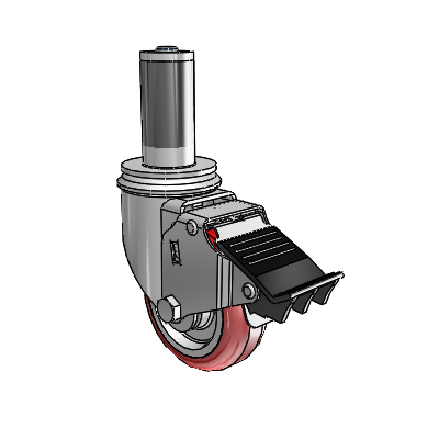 2 Series Expanding Adapter Stem Zinc Swivel Caster with 3.5 x 1.25 Maroon on Grey Polyurethane HI-TECH Wheel Total Lock (BRK5)