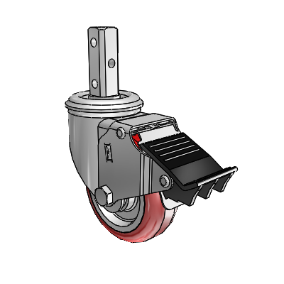 2 Series Casters Square Stem Swivel Zinc with 3.5 x 1.25 Maroon on Grey Polyurethane HI-TECH Wheel and Total Lock Brake