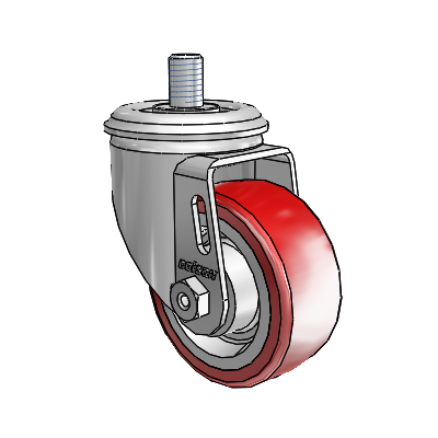 Roulette pivotante à tige filetée de la série 2, en zinc, équipée de 3 roues HI-TECH en polyuréthane marron sur fond gris, de 1,25