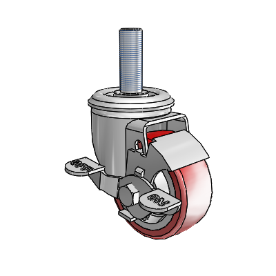 2 Series Threaded Stem Zinc Swivel Caster with 3 x 1.25 Maroon on Grey Polyurethane HI-TECH Wheel and Top Lock Brake