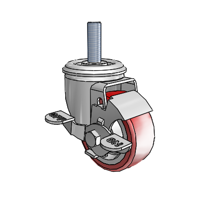 2 Series Threaded Stem Zinc Swivel Caster with 3 x 1.25 Maroon on Grey Polyurethane HI-TECH Wheel and Top Lock Brake
