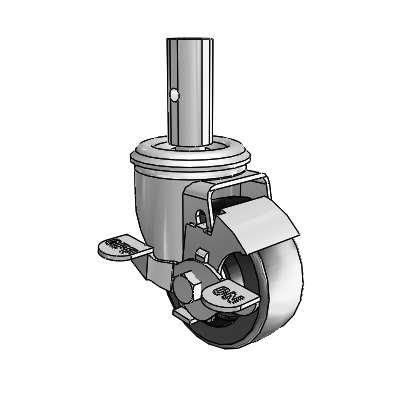 2 Series Casters Square Stem Swivel Zinc with 3 x 1.25 Black Polyolefin Wheel and Top Lock Brake