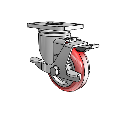 2 Series Stainless Steel Top Plate Swivel Caster with 3.5 x 1.25 Maroon on Grey Polyurethane HI-TECH Wheel and Top Lock Brake