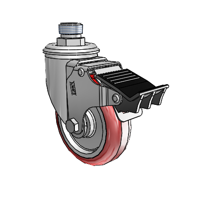 2 Series Pipe Thread Stem Zinc Swivel Caster with 4 x 1.25 Maroon on Grey Polyurethane HI-TECH Wheel and Total Lock Brake