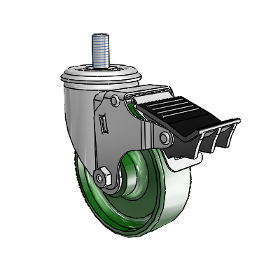 2 Series Threaded Stem Zinc Swivel Caster with 4 x 1.25 Green Cast Iron Wheel and Total Lock Brake