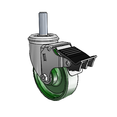 2 Series Threaded Stem Zinc Swivel Caster with 4 x 1.25 Green Cast Iron Wheel and Total Lock Brake