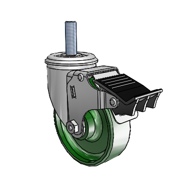 2 Series Threaded Stem Zinc Swivel Caster with 4 x 1.25 Green Cast Iron Wheel and Total Lock Brake