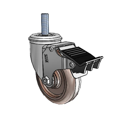 2 Series Threaded Stem Zinc Swivel Caster with 4 x 1.25 Brown Thermo Wheel and Total Lock Brake