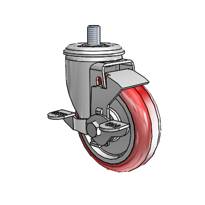 Roulette pivotante à tige filetée de la série 2, en zinc, équipée de 4 roues HI-TECH en polyuréthane marron sur fond gris (4 x 1,25) et d'un frein à blocage par le haut