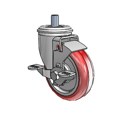 2 Series Threaded Stem Zinc Swivel Caster with 4 x 1.25 Maroon on Grey Polyurethane HI-TECH Wheel and Top Lock Brake