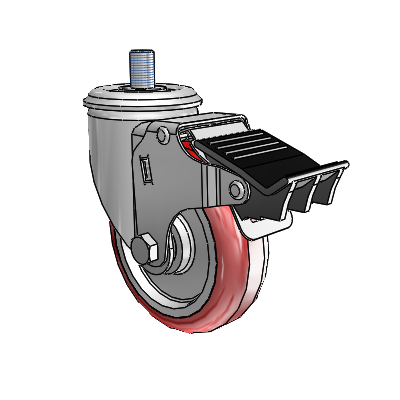 2 Series Threaded Stem Zinc Swivel Caster with 4 x 1.25 Maroon on Grey Polyurethane HI-TECH Wheel and Total Lock Brake