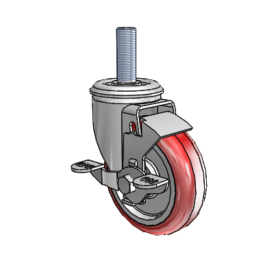 2 Series Threaded Stem Zinc Swivel Caster with 4 x 1.25 Maroon on Grey Polyurethane HI-TECH Wheel and Top Lock Brake