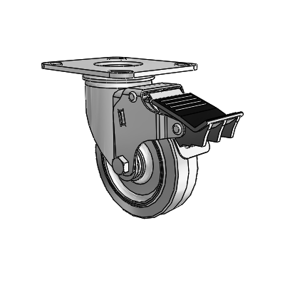 2 Series Casters Top Plate Swivel Zinc with 4 x 1.25 Grey on Grey Performa Rubber (Flat) Wheel and Total Lock Brake