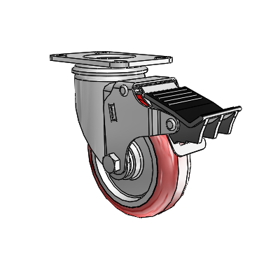 2 Series Casters Top Plate Swivel Zinc with 4 x 1.25 Maroon on Grey Polyurethane HI-TECH Wheel and Total Lock Brake