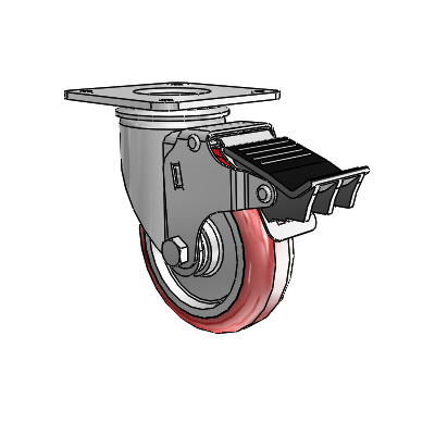 2 Series Casters Top Plate Swivel Zinc with 4 x 1.25 Maroon on Grey Polyurethane HI-TECH Wheel and Total Lock Brake