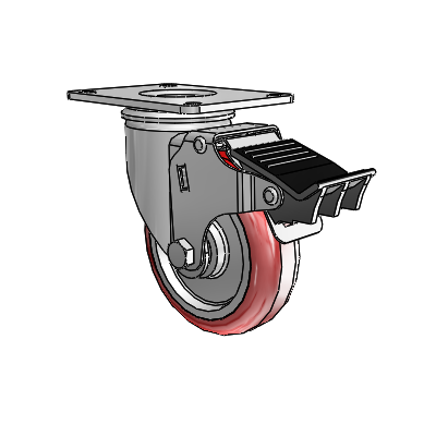 2 Series Casters Top Plate Swivel Zinc with 4 x 1.25 Maroon on Grey Polyurethane HI-TECH Wheel and Total Lock Brake