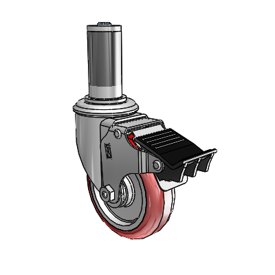 2 Series Expanding Adapter Stem Zinc Swivel Caster with 4 x 1.25 Maroon on Grey Polyurethane HI-TECH Wheel Total Lock (BRK5)
