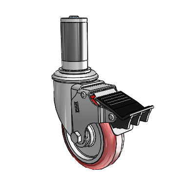 2 Series Expanding Adapter Stem Zinc Swivel Caster with 4 x 1.25 Maroon on Grey Polyurethane HI-TECH Wheel Total Lock (BRK5)