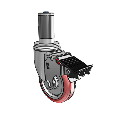 2 Series Expanding Adapter Stem Zinc Swivel Caster with 4 x 1.25 Maroon on Grey Polyurethane HI-TECH Wheel Total Lock (BRK5)