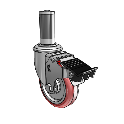 2 Series Expanding Adapter Stem Zinc Swivel Caster with 4 x 1.25 Maroon on Grey Polyurethane HI-TECH Wheel Total Lock (BRK5)